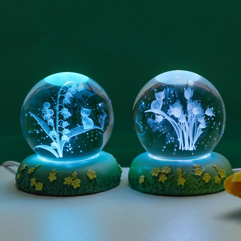 Carved Rose Carnation Flower Crystal Ball Small Night Lamp Home Warm Small Ornaments Birthday Gift Gift