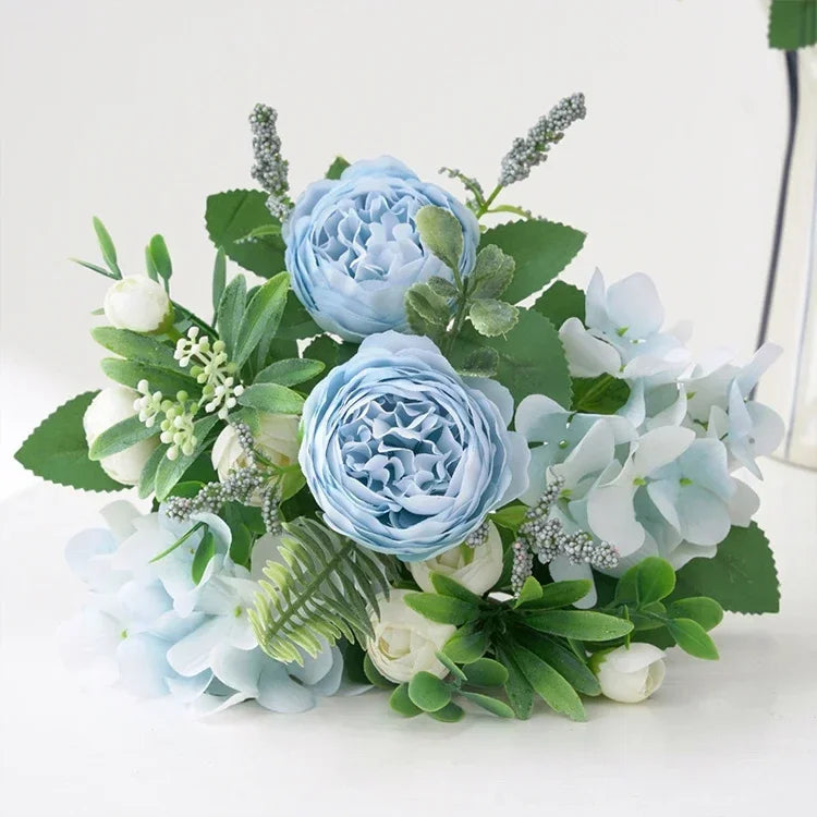 Blue Silk Bouquets Artificial Forest Hydrangea Peony Bud Wedding Bride Hand Bouquet Home Garden Desktop Flower Arrangement Decor
