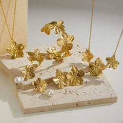 Gold Color Flower Shaped Earrings Necklace For Women Fashion Personality Flower Ring Bracelet Party Daily Jewelry