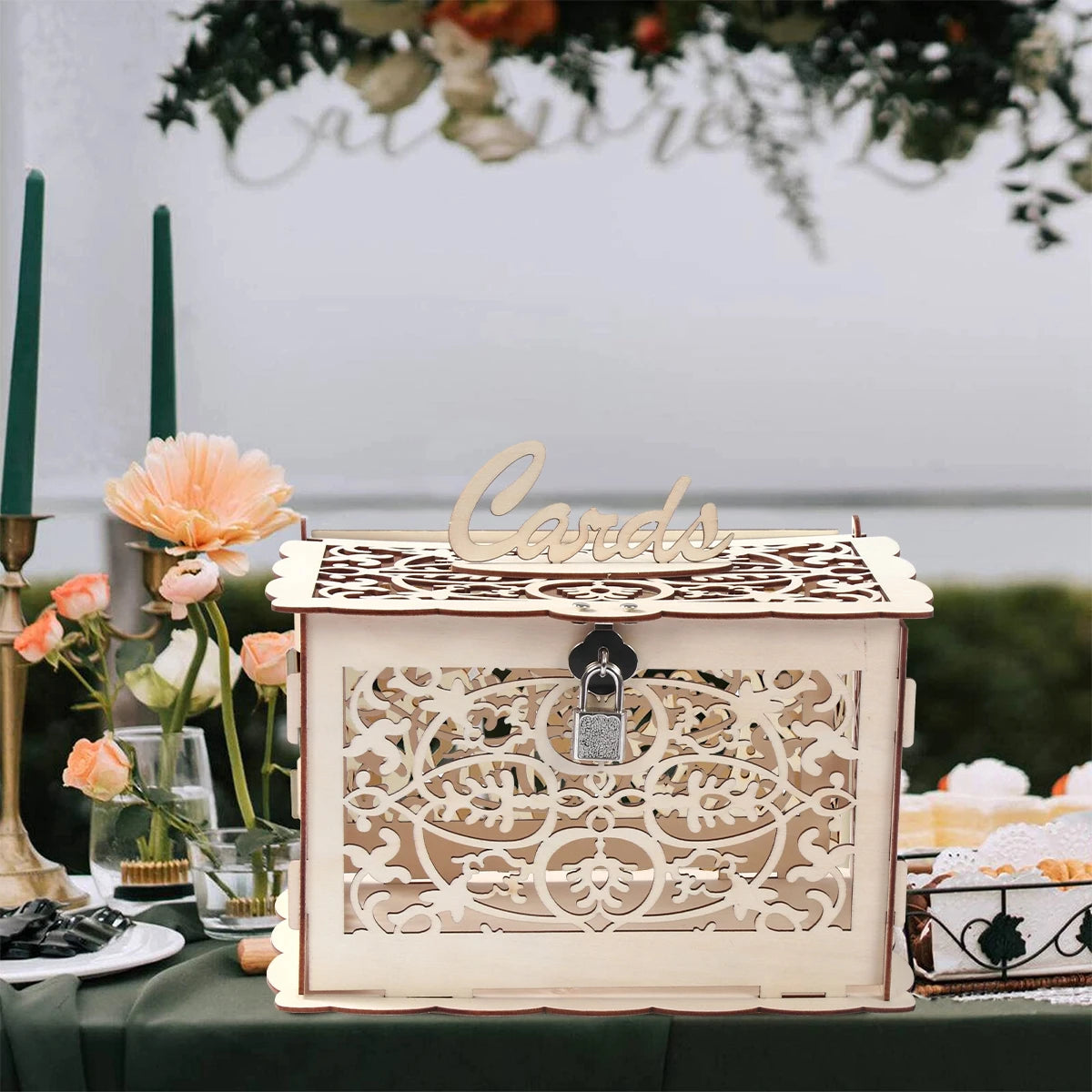 Wooden Wedding Gifts Card Boxes With Lock Mr&Mrs Couple Flower Pattern Envelope Sign Cards Wood Box DIY Rustic Wedding Supplies