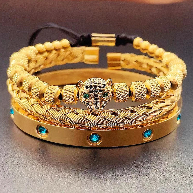 Luxury Set Green Eye Leopard Head Charm Handmade Man Bracelet Crystals Women Stainless Steel Bangles Jewelry