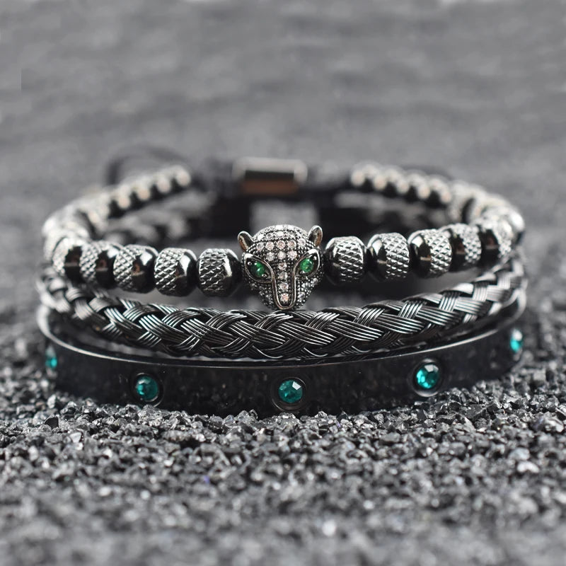 Luxury Set Green Eye Leopard Head Charm Handmade Man Bracelet Crystals Women Stainless Steel Bangles Jewelry