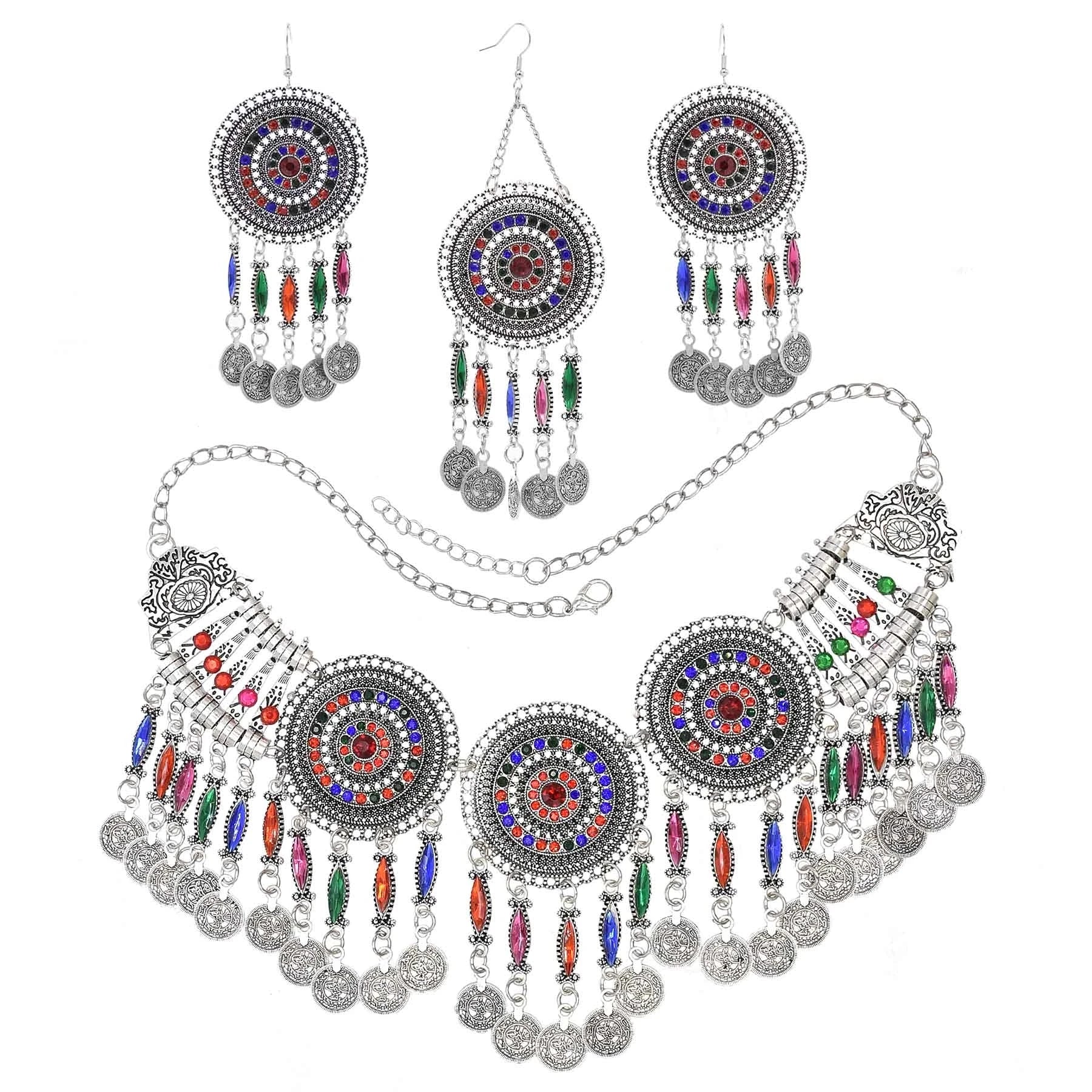 3PC Indian Afghan Jewerly Sets for Women Boho Ethnic Hairbands Necklace Earrings Coins Tassels Vintage Colorful Crystal Drop