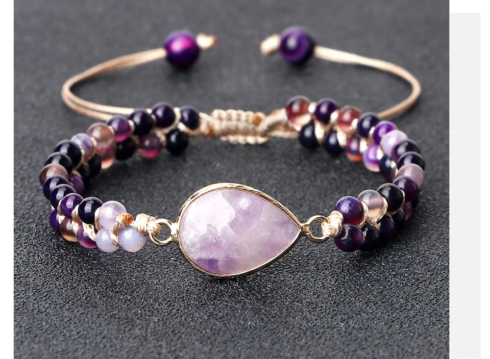 Purple Crystal Agate Stone Wrap Bracelet Charm String Braided Yoga Beaded Bracelets Bangles Bohemian Gift Jewelry for Women Men