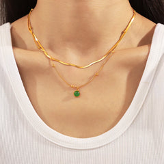 Daily Necklace for Women Waterproof Stainless Steel Chain Gold Plated Green Glass Stones Pendant Couple Jewelry Gift