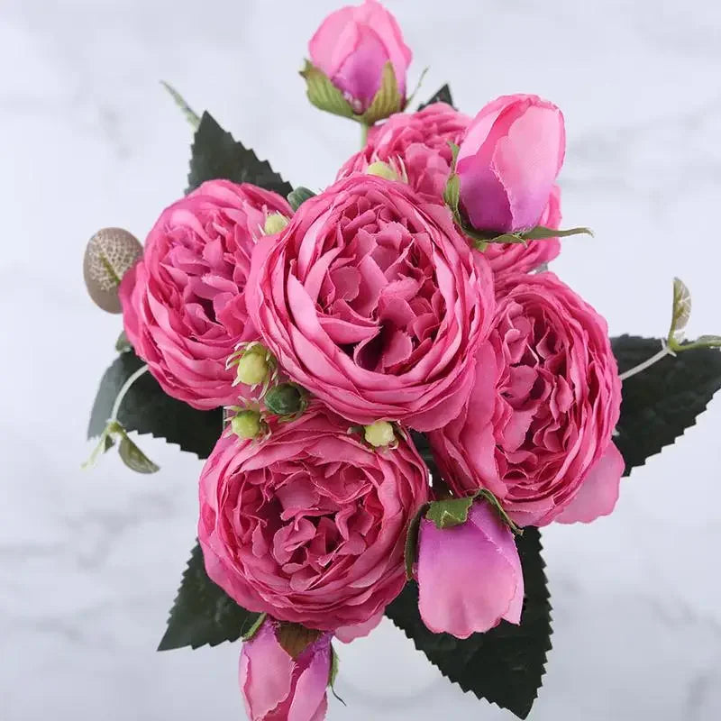 30cm Rose Pink Silk Peony Artificial Flowers Bouquet 5 Big Head Cheap Fake  Wedding Decorate