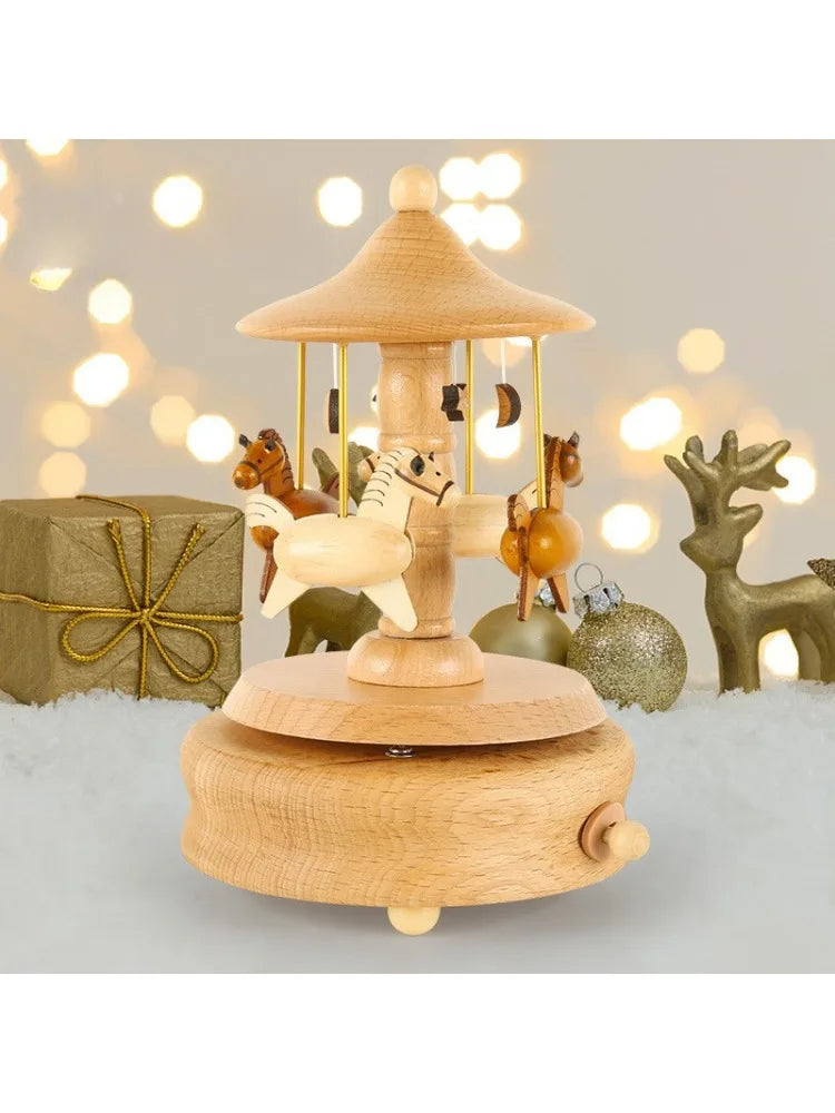 Wooden Carousel Music Box Ornaments Rotatable Hand-cranked DIY Handmade Birthday Christmas Gift Children’s Toys 크리스마스 뮤직 오르골