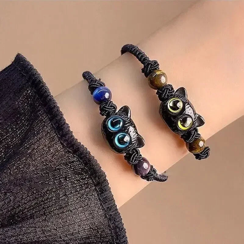 2pcs Cute Natural Stone Black Cat Bracelet for Women Men Fashion Cartoon Animal Beaded Bracelets Handmade Fashion Girl Jewelry