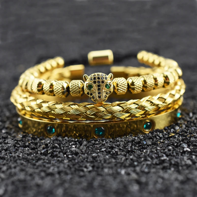 Luxury Set Green Eye Leopard Head Charm Handmade Man Bracelet Crystals Women Stainless Steel Bangles Jewelry