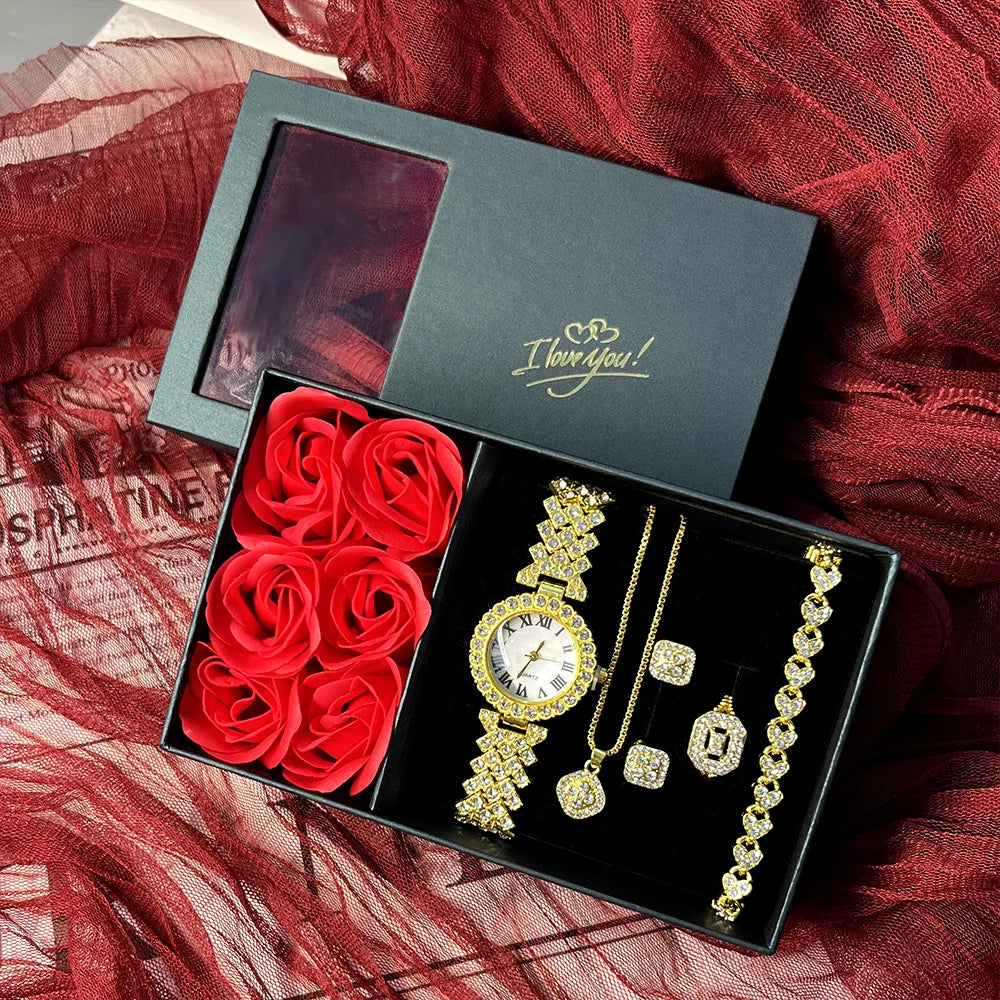 1set Luxury Wrist watch Jewelry Gift Box Fashion Quartz Watch Rhinestone Jewelry Set(With Box) Wedding Birthday Party Supplies