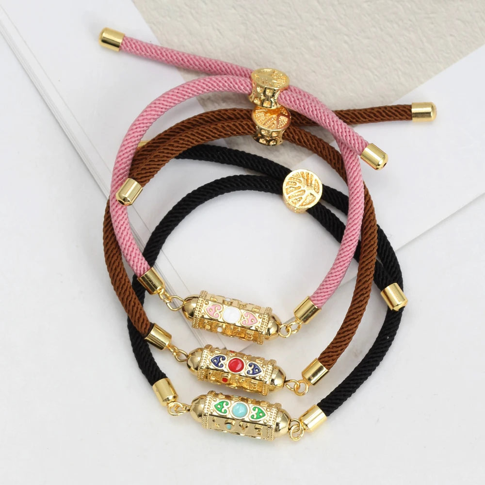 Enamel Tube Spacer Colored Zircon Beads Charm Bracelet For Women Adjustable Leaf Buckle Pull Rope Boho Summer Beach Jewelry Gift