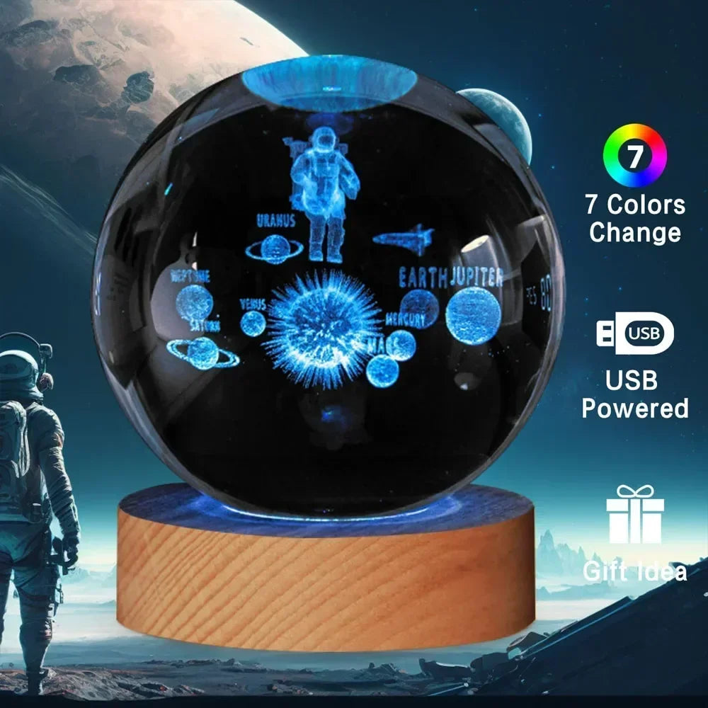 6cm 3D Crystal Christmas Night Light Wooden Base Seven Spectral Colors LED Gift for Boys and Girls
