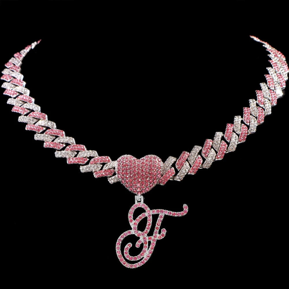 Hip Hop Bling Pink Crystal Cursive Initial Letter Cuban Necklace for Women Iced Out Paved Cuban Chain Necklace Choker Jewelry