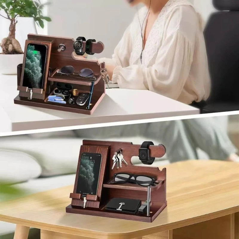 Wood Phone Docking Station Key Holder Wallet Stand Jewelry Watch Organizer Desk Accessories Men Husband Birthday Gift