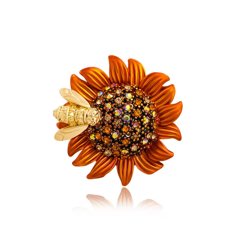 Trendy Sunflower Bee Alloy Zirconia Brooches For Women Girls Gold Color Flower Metal Crystal Jewelry Party Birthday Daily