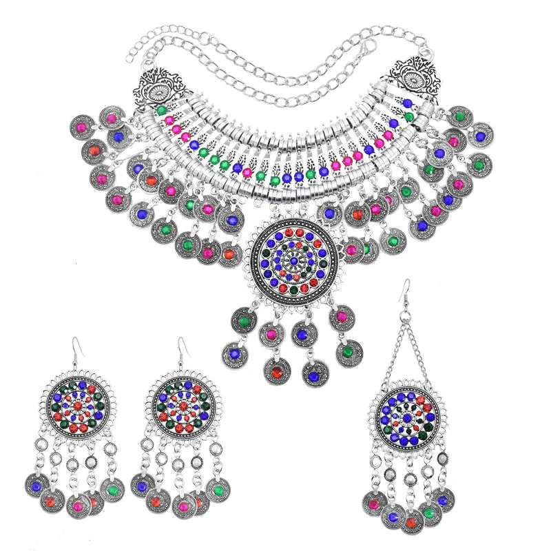 3PC Indian Afghan Jewerly Sets for Women Boho Ethnic Hairbands Necklace Earrings Coins Tassels Vintage Colorful Crystal Drop