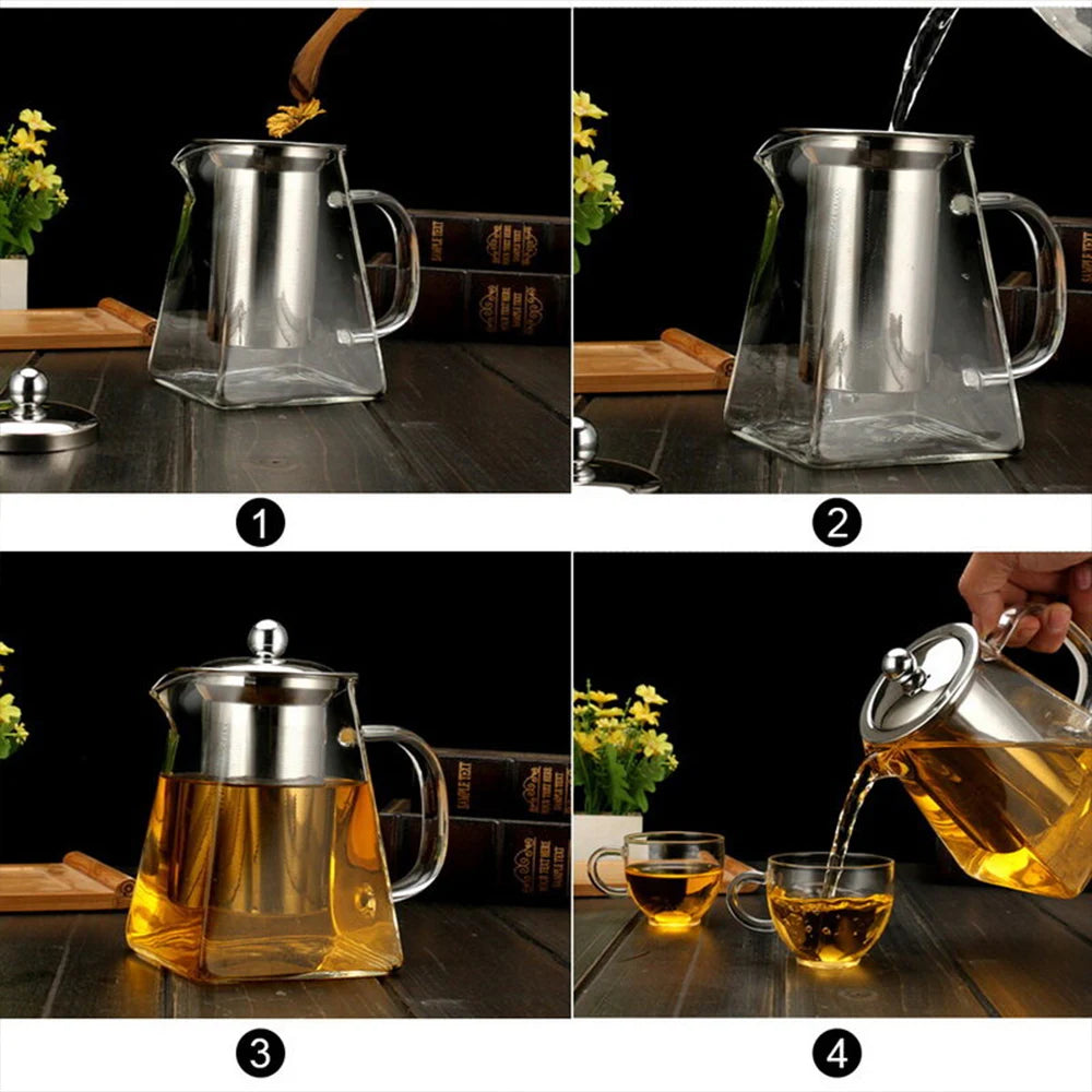 Heat Resistant Glass Teapot with Infuser Clear Kettle Square Filter Baskets for Flower Tea Herbal Pot Coffee  Milk Juice Contain