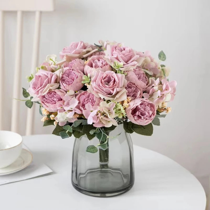 Cheap Silk Hydrangea Spring Wedding Garden Roses Bridal Bouquet Festival Decoration Vase Home Room Fake Peony Artificial Flowers
