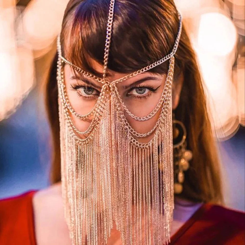 Fashion Charming Rhinestone Tassel Veil Masks for Women Bohe Face Jewelry Chain Masquerade Dance Party Sexy Costume Accessories