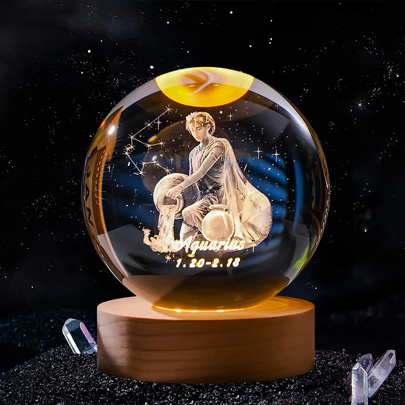 Hot 6cm 3D Crystal Ball Glass Craft Decoration 12 Constellation Birthday Gift Wooden Base Home Desktop Decor Children's Gifts
