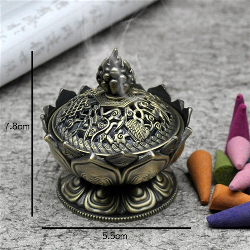 Alloy Incense Burner Chinese Buddha Lotus Flower Incense Holder Handmade Censer for Buddhist Home Office Decoration