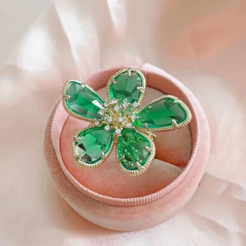 Fashion Elegant Crystal Flower Open Ring for Women 2024 New Luxury Wedding Party Jewelry Accessories Christmas Gifts