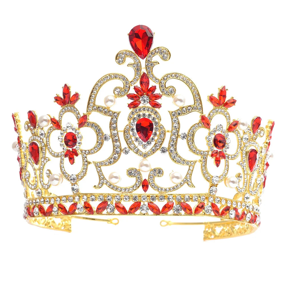 Baroque Vintage Crystal Pearl Big Tiara Crown Diadem Queen King Head Jewelry Bridal Tiaras Wedding Hair Accessories Ornaments