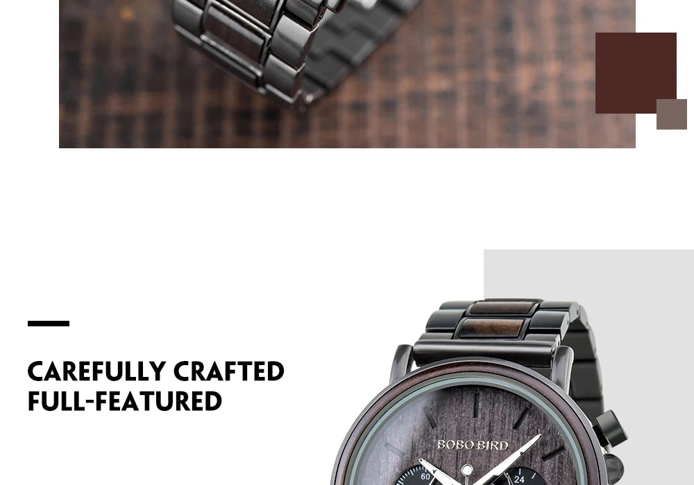 BOBO BIRD Wood Men Watch Relogio Masculino Top Brand Luxury Stylish Chronograph Military Watches Timepieces in Wooden Gift Box