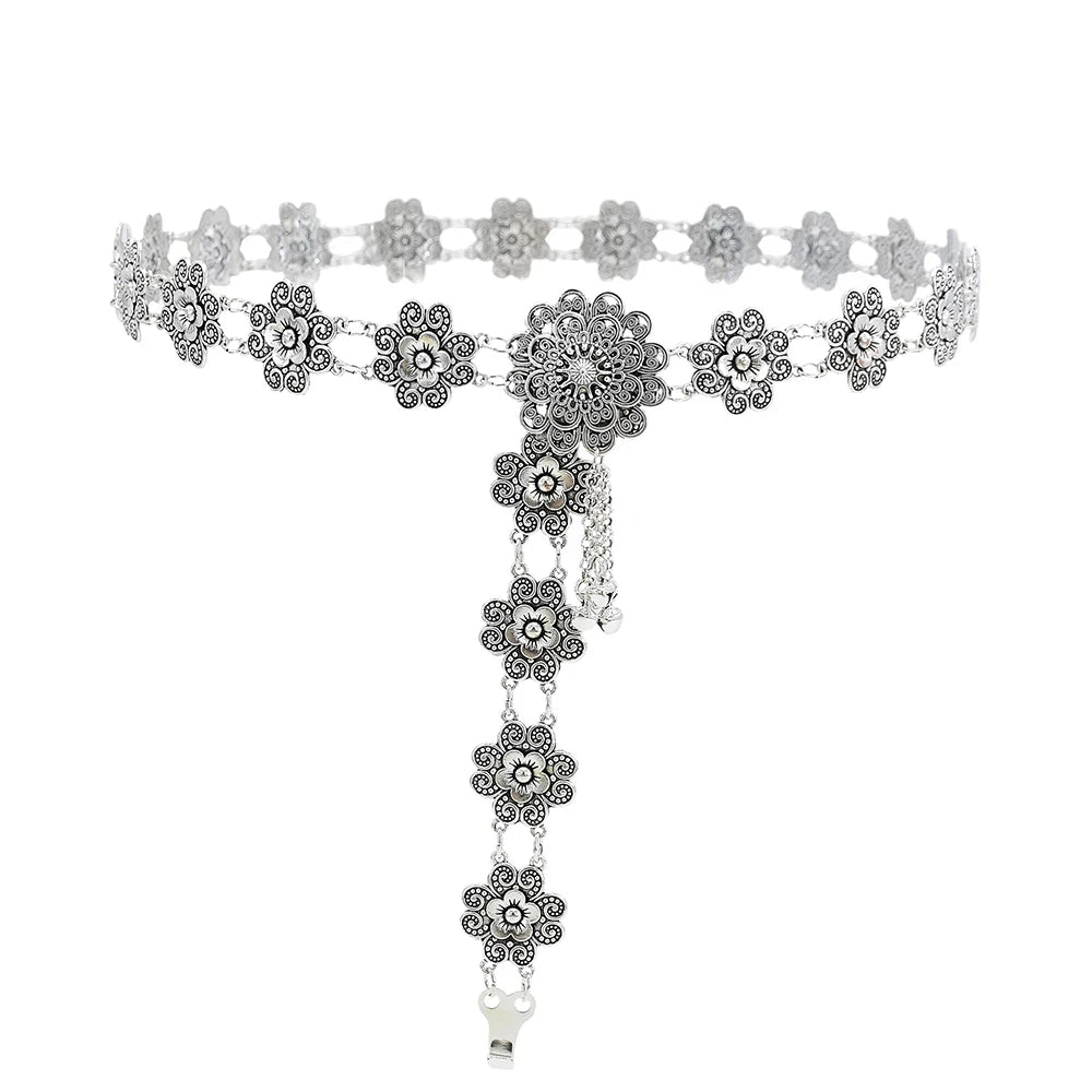 Bohemian Blue Stone Belly Chains for Women Vintage Metal Coin Tassel Flower Bikini Dance Waist Body Chain Party Jewelry Gift