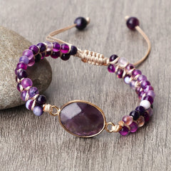 Purple Crystal Agate Stone Wrap Bracelet Charm String Braided Yoga Beaded Bracelets Bangles Bohemian Gift Jewelry for Women Men