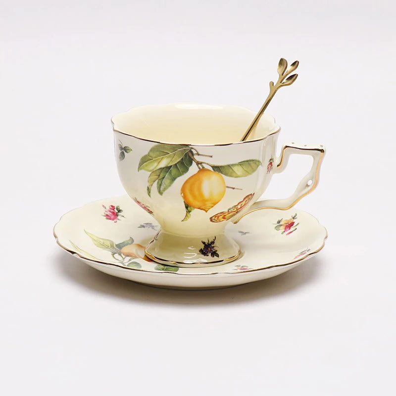 European Ceramics Coffee Cup and Saucer Teapot Elegant Lemon Pattern Creative Afternoon Tea Teaware Set with Dessert Spoon Gift