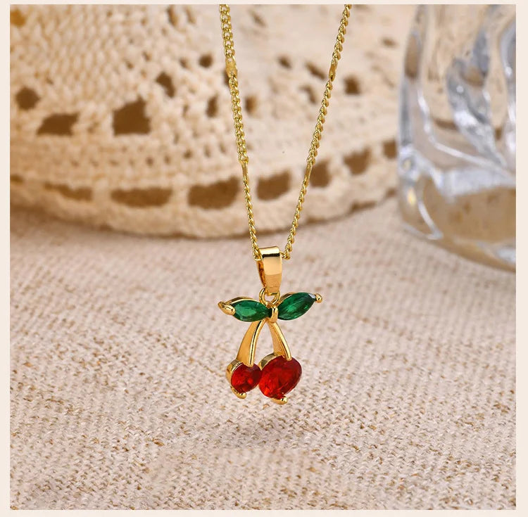 Cherry Charms Necklace for Women,14K Gold Plated Stainless Steel Chain Birthday Gift