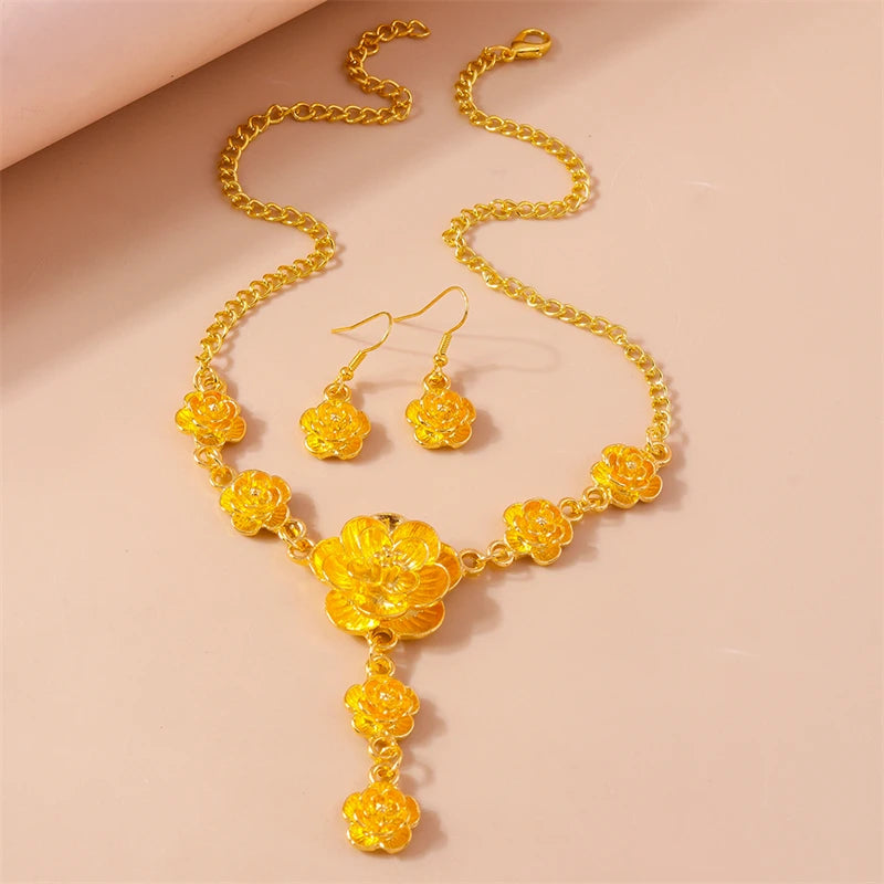 Elegant Flower Pendant Necklace Earrings Set for Women Bridal Wedding Jewelry Gifts