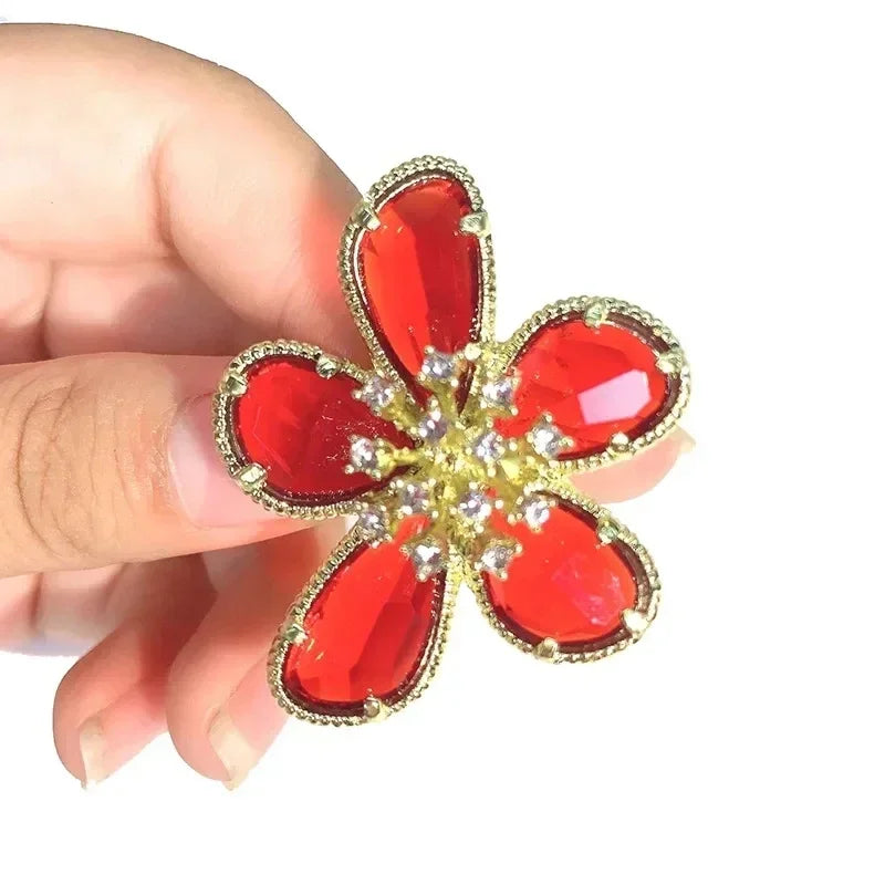 Fashion Elegant Crystal Flower Open Ring for Women 2024 New Luxury Wedding Party Jewelry Accessories Christmas Gifts