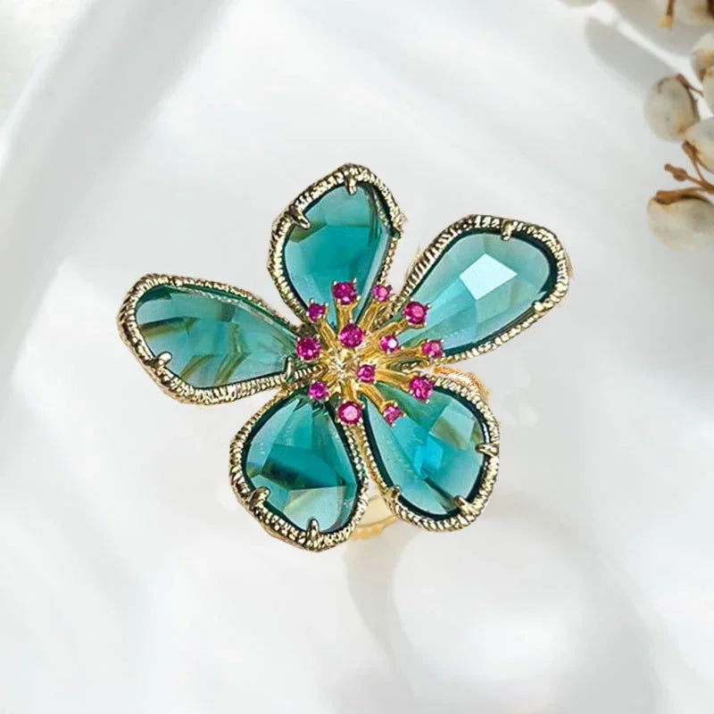 Fashion Elegant Crystal Flower Open Ring for Women 2024 New Luxury Wedding Party Jewelry Accessories Christmas Gifts