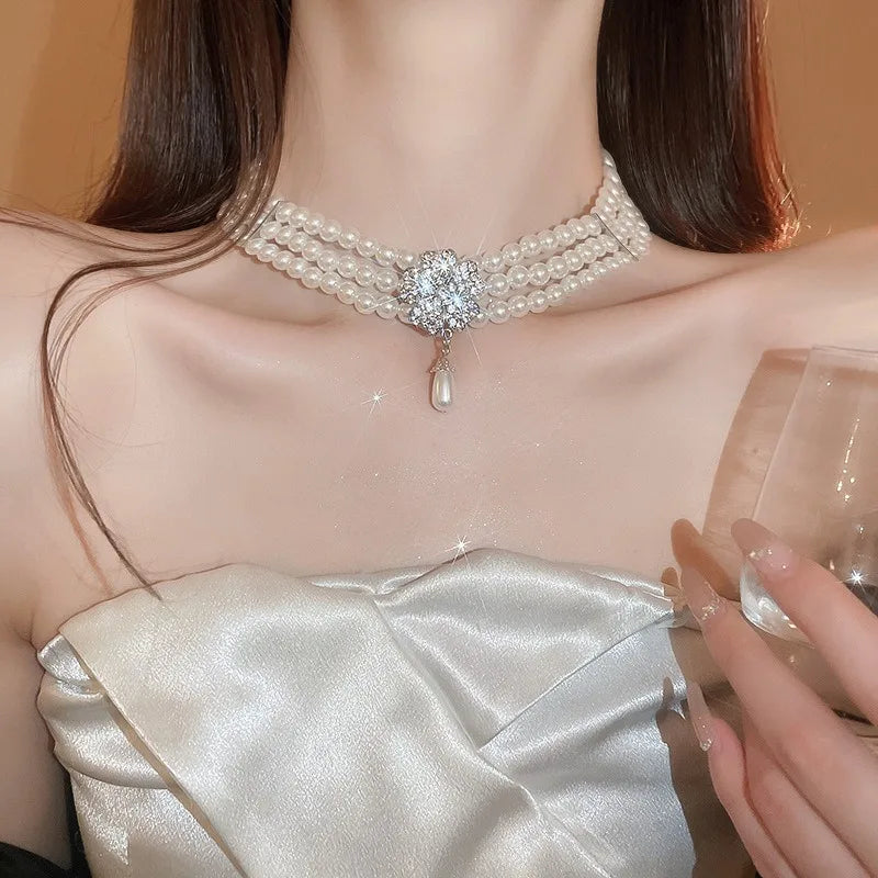 Flower Party Necklaces Women French Luxury Imitation Pearl Multi-layer Necklaces Bracelet Earrings Shiny Rhinestone Jewelry Sets