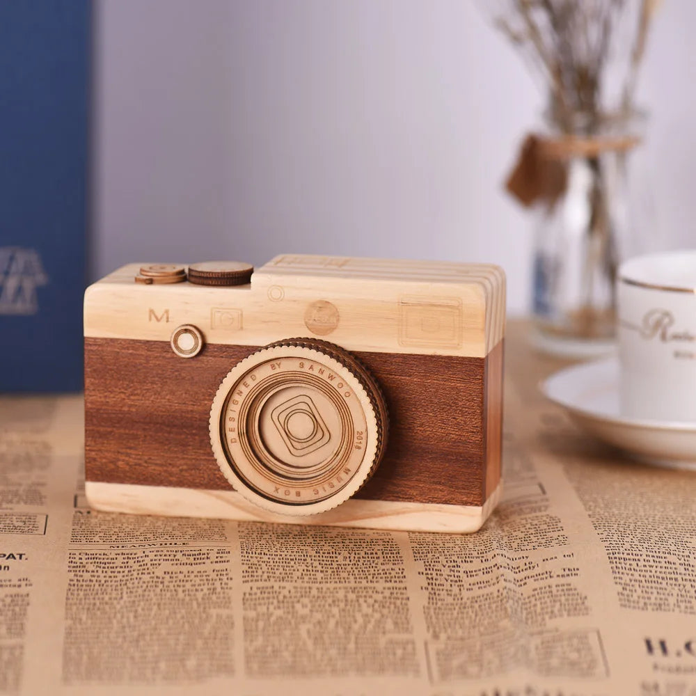Wooden Music Box  Camera Design Classical Melody Birthday Christmas Festival Musical Gifts Home Office Decoration Crafts