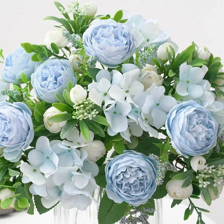 Blue Silk Bouquets Artificial Forest Hydrangea Peony Bud Wedding Bride Hand Bouquet Home Garden Desktop Flower Arrangement Decor