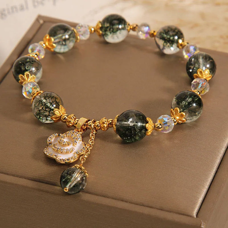 Fashion Green Crystal Bracelet Luxury Women's Rose Pendant Beaded Charm Bangles Birthday Wedding Party Jewelry Gift Wholesale