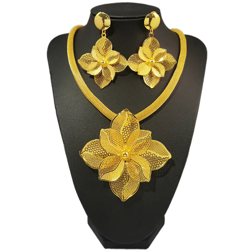 Dubai Jewelry Set For Women Yellow Gold Color Luxury Big Flower Pendant Necklace & Earrings Weddings Party African Set Accessory
