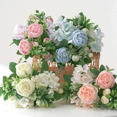 Blue Silk Bouquets Artificial Forest Hydrangea Peony Bud Wedding Bride Hand Bouquet Home Garden Desktop Flower Arrangement Decor