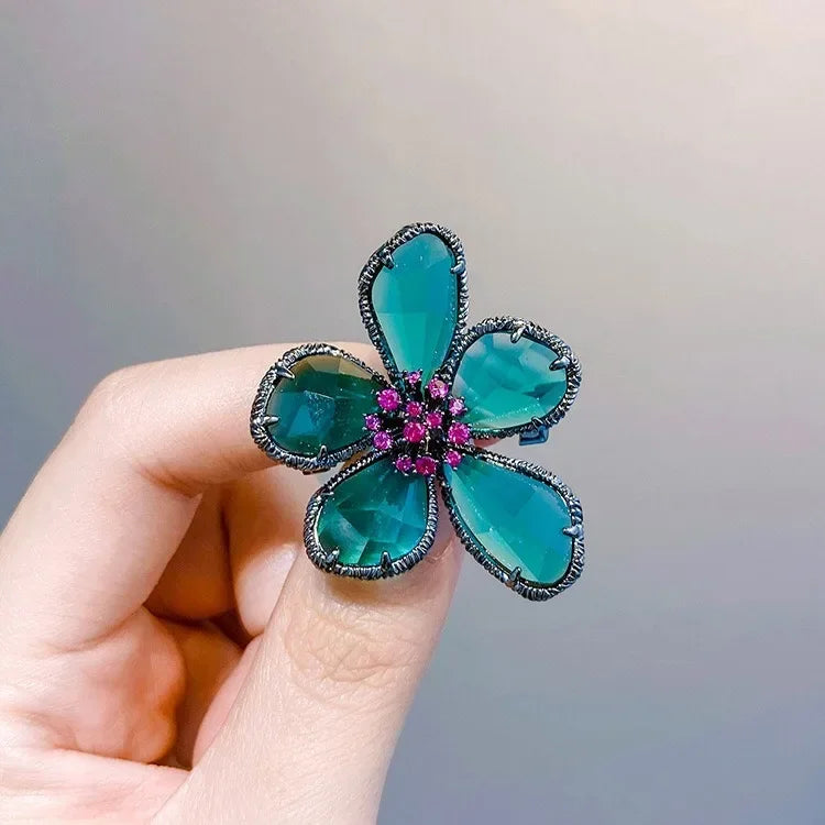 Fashion Elegant Crystal Flower Open Ring for Women 2024 New Luxury Wedding Party Jewelry Accessories Christmas Gifts