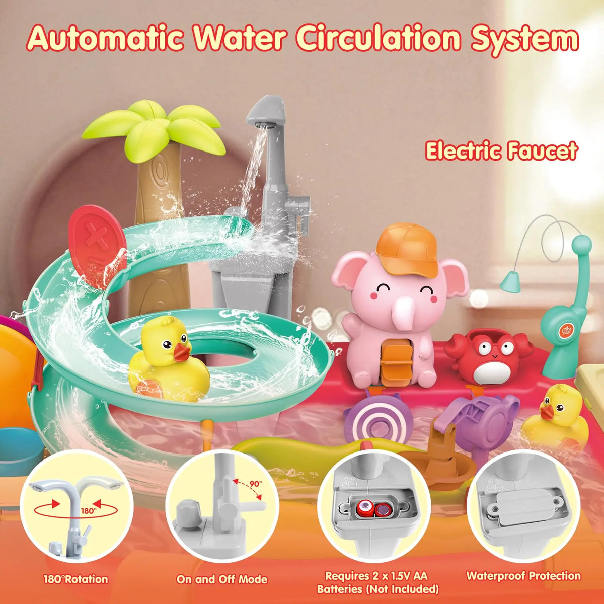 VATOS Electric Faucet Hand Pump-2 in 1 Sink Duck Slide Kitchen Table Sink Toy Pool Float Fishing Game Dishwasher Set for kids