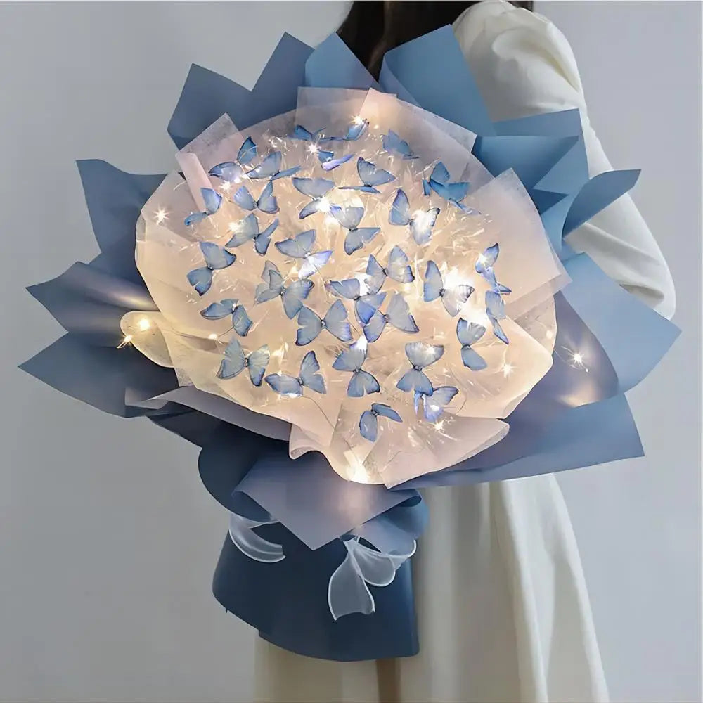 Artificial Butterfly Bouquet Material Kit DIY Handmade Butterfly Flower Bouquets With LED Light Wedding Decor Girlfriend Gifts
