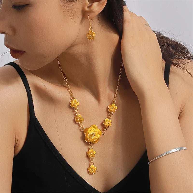 Elegant Flower Pendant Necklace Earrings Set for Women Bridal Wedding Jewelry Gifts