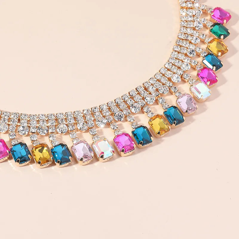 FYUAN Square Colorful Crystal Choker Necklaces for Women Geometric Clavicle Chain Necklaces Statements Jewelry