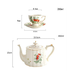 French Retro Teapot Coffee Cup Set Gold Edge Cup Saucer Flower Big Teacup English Afternoon Tea Cup