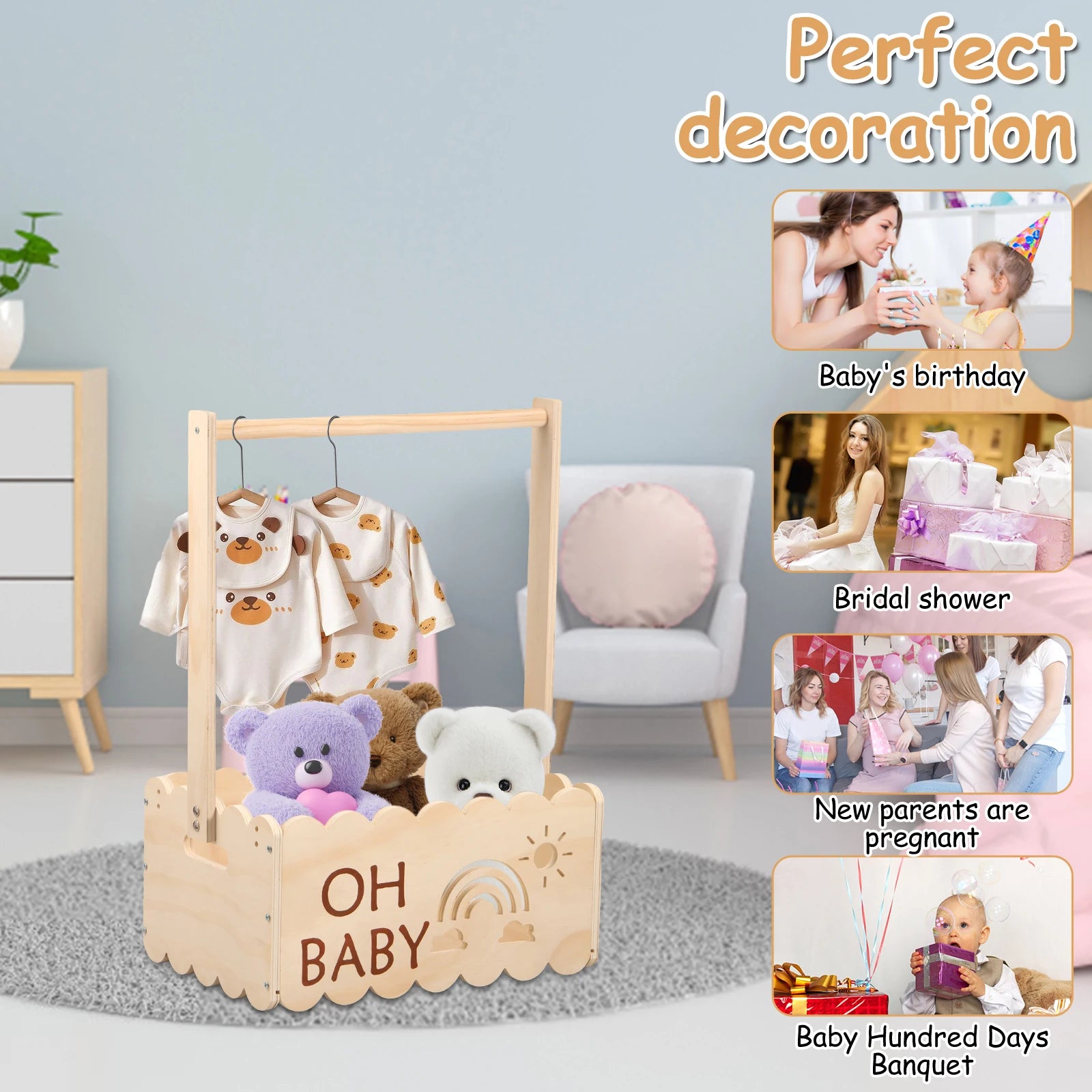 Wood Baby Shower Crate Closet Baby Shower Basket with Handle Practical Multipurpose Gift Basket for Boys Girls New Parents