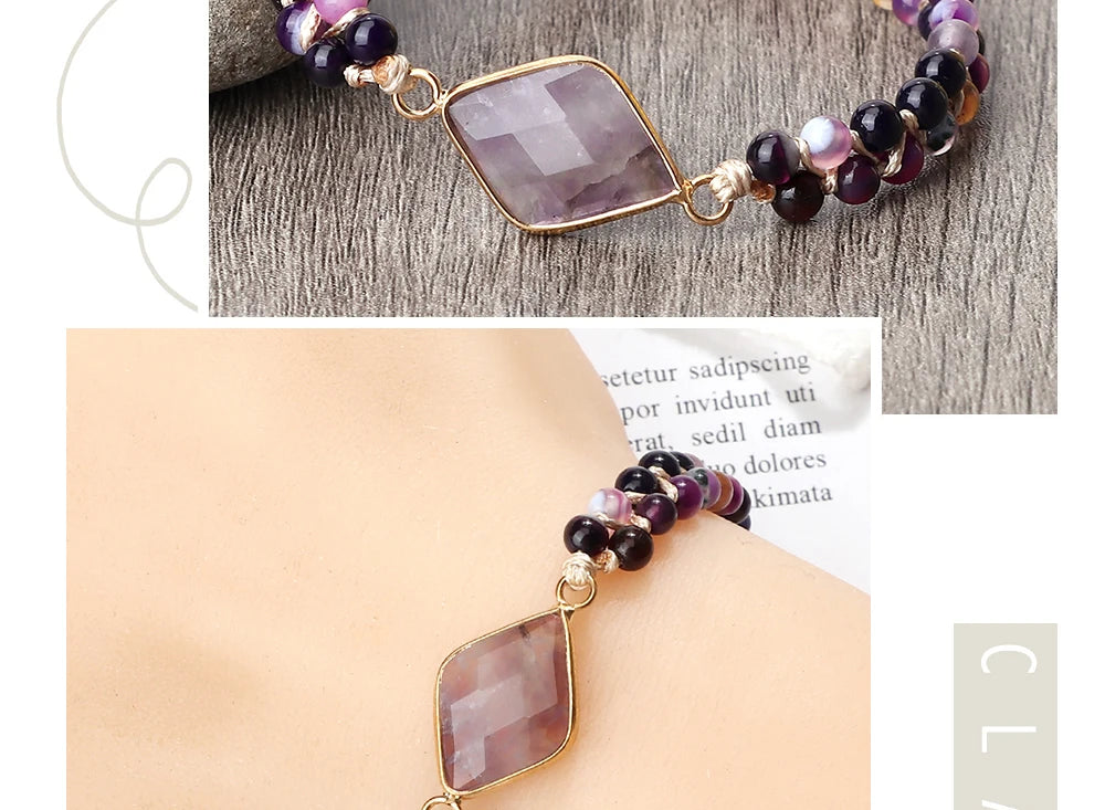Purple Crystal Agate Stone Wrap Bracelet Charm String Braided Yoga Beaded Bracelets Bangles Bohemian Gift Jewelry for Women Men