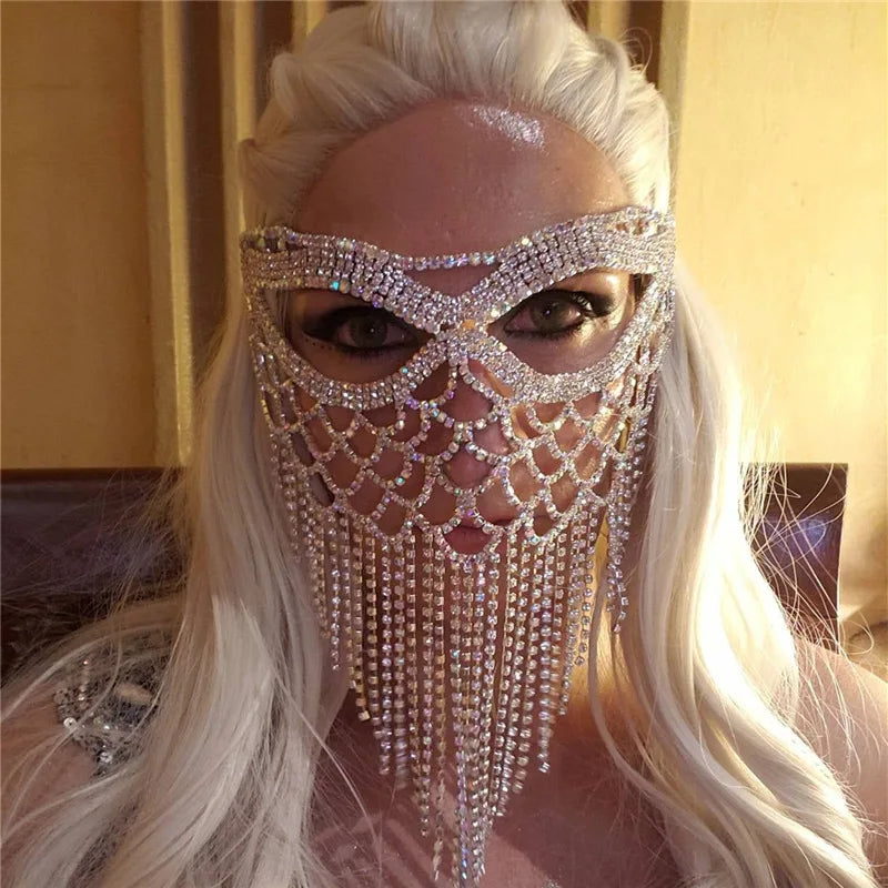 Fashion Charming Rhinestone Tassel Veil Masks for Women Bohe Face Jewelry Chain Masquerade Dance Party Sexy Costume Accessories